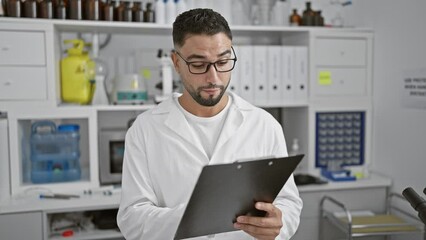 Sticker - A focused man in lab coat inspects documents in a bright laboratory setting, portraying professionalism and healthcare.