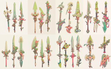 Canvas Print - Set of colorful fantasy weapon. Beautiful swords and knifes collection