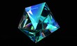 Transparent crystal cube sitting on a dark black background, reflecting light and creating a contrast between the clear geometric shape and the deep color