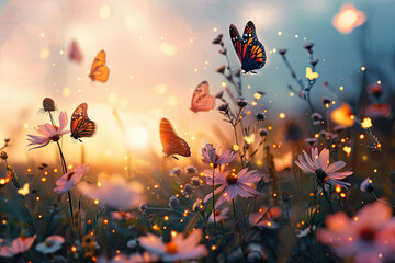 Wall Mural - field of colorful spring flowers at sunset with flying pollen and butterflies