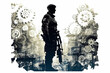 A man in a military uniform stands in front of a large number of gears. Concept of power and control, as the man is the focal point of the scene. The gears surrounding him represent the complex