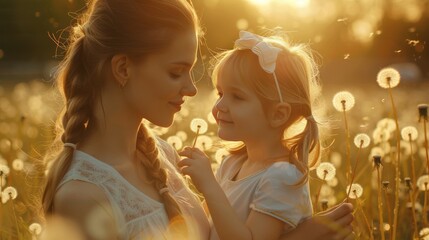 Happy family of young mother and little daughter play with dandelion flower in field. AI generated