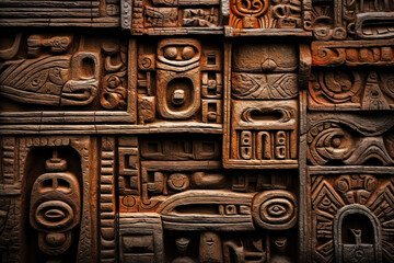 Wall Mural - Wood texture adorned with intricate African patterns and crafts