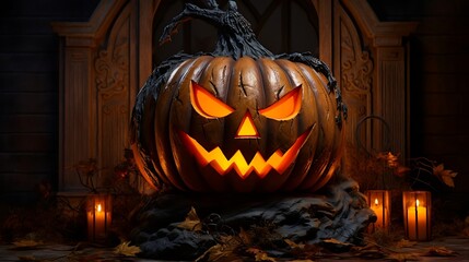 Wall Mural - Ghoulish Halloween: Eerie Pumpkin in Dimly Lit Setting