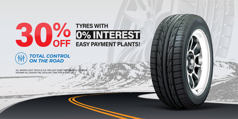 Poster - Tires car advertisement poster. Black rubber tyre. Shining disk car wheel tyre. Mountain, road background. Take the road. Store. Landscape banner, digital print, flyer, booklet, brochure web design.