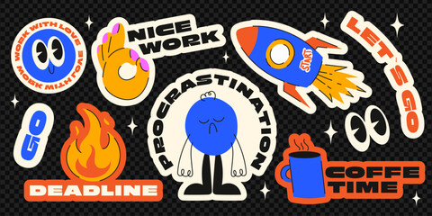 Trending stickers with funny illustrations on the topic of work, motivation, and procrastination. 