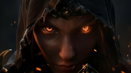 Fantasy female girl with red fire eyes under the hood