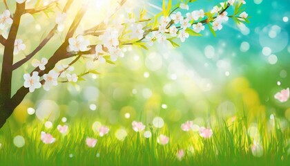 Poster - spring nature easter art background with blossom beautiful nature scene with blooming flowers tree and sun flare sunny day spring flowers beautiful orchard abstract blurred background springtime