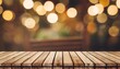 empty wooden table top with out of focus lights bokeh rustic farmhouse living background