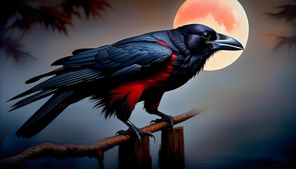 Wall Mural - An oil painting of a black and red raven holding a sealed letter in its beak, with a full moon in the background.