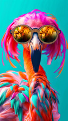 Wall Mural - Stylish Flamingo with Trendy Sunglasses. Style, nature, and uniqueness concept