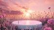 A white round podium in the middle of a field of wildflowers, with a sunset sky and a dreamy pastel aesthetic style. Minimalistic scene design with products and advertising.