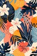 The design includes monstera leaves, flowers like hibiscus or orchids, fruits such as mangoes or coconuts, and geometric patterns to create an artistic feel in the style of various artists. 