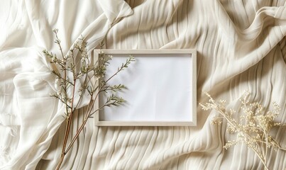 Delicate frame on linen material background, space for text