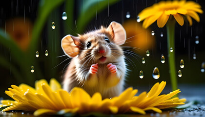Wall Mural - A mouse under a colorful daisy, with a crystal-like effect on the raindrops and a black background