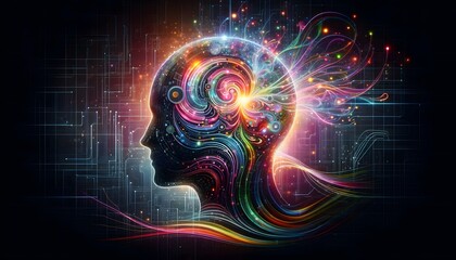 Human head silhouette with swirling digital code, data streams, and neural connections.