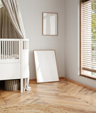 Fototapeta Panele - Mock up frame in children room with natural wooden furniture, 3D render
