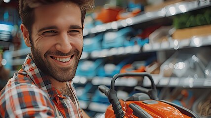 a man in a close-up shot as he purchases a lawn mower at an upscale department store, radiating satisfaction and contentment.