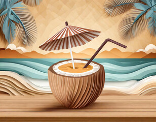 Wall Mural - A tropical drink in a coconut on the beach, in a cut paper collage style. Generative AI
