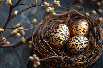 Wall Mural - Elegant and stylish Easter background with a nest adorned with gold and black decor, a perfect template for design and mock up.