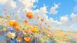Abstract landscape painting of a poppy field with a colorful sky