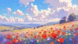Abstract landscape painting of a poppy field with a colorful sky