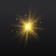 Wall Mural - set of golden glowing lights effects isolated on transparent background. solar flare with rays and s