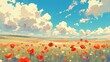 Abstract colorful floral landscape painting with poppies and clouds in the sky