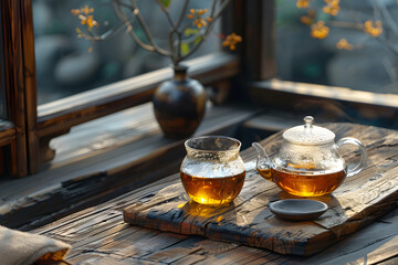 Poster - On the wooden tea table has two glass tea cups with a pot with tea in them, in the style of textural surface treatment, precisionist style, high quality, cottagecore, ironical, imitated material, liqu