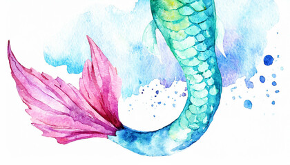 A mermaid tail, in a colorful watercolor style. Generative AI
