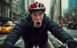 An elderly man rides a bicycle with a terrified look on his face from the road traffic
