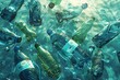 A bunch of plastic bottles floating in the ocean. The bottles are mostly clear and blue, but some are green. The scene is a reminder of the impact of plastic waste on the environment