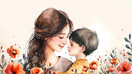 Wall Mural - Watercolor illustration of Mom gently hugging son, concept Happy Mother's Day