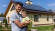 father and son standing in front of a house with solar panels on the roof on a sunny day