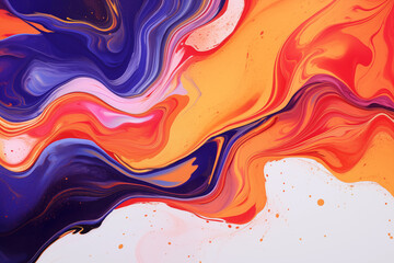 Wall Mural - Vibrant and abstract background featuring fluid art. Trendy neon gradient in orange with a marble effect in purple, orange and blue. A stylish backdrop for websites, postcards, and notebooks.