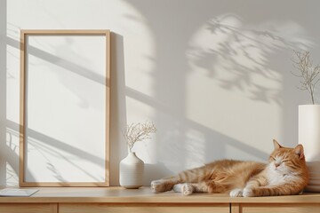 Frame or Poster mock up in living room and cat with window shadow on white wall background.
