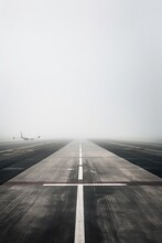 A runway with a plane in the distance