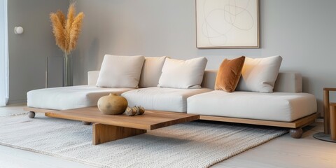 Wall Mural - A minimalist modern living room with a wooden coffee table and a sleek white sofa