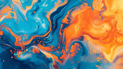 Abstract marbling oil acrylic paint background illustration art wallpaper, Orange and blue color with beautiful liquid fluid marbled paper texture banner painting texture.