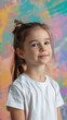 © serz72 - European child girl 4-6 years old in a white T-shirt without a pattern against the background of a colored wall