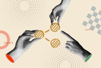 Social media share icon and human hands in retro collage vector illustration