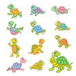 Set of twelve funny little turtles in different poses. Isolated on white background. Vector illustration