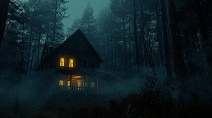 Wall Mural - scary house in mysterious horror forest at night Generative, Ai,