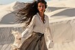 A fashion editorial photoshoot of an Italian model wearing flowing linen shirt and long skirt