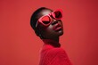 Black woman fashion model in red sunglasses and sweater against vibrant background