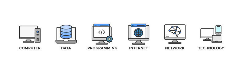 Information technology banner web icon vector illustration concept with icon of computer, data, programming, database, internet, network, and technology	