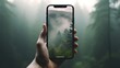 Mystical Forest Mirage: A Hand Holds a Smartphone Screen, Displaying an Enchanting View of a Smog-Enshrouded Forest in Ethereal Hues