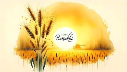 Sticker - Watercolor style illustration for baisakhi with a wheat field and sun.