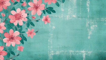 Wall Mural - textured shabby chic scrapbook paper background with pink flowers on a distressed teal background