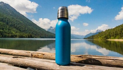Wall Mural - thermo water bottle with a lake in the background